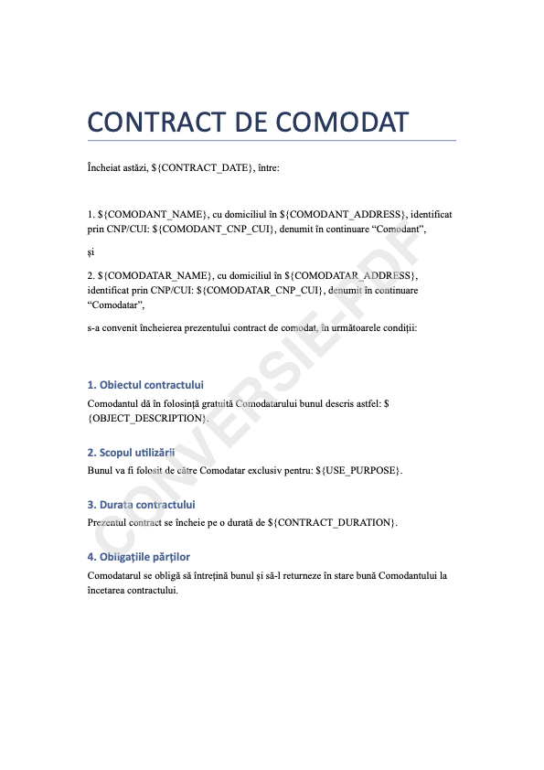 Loan for Use Agreement (Comodat)